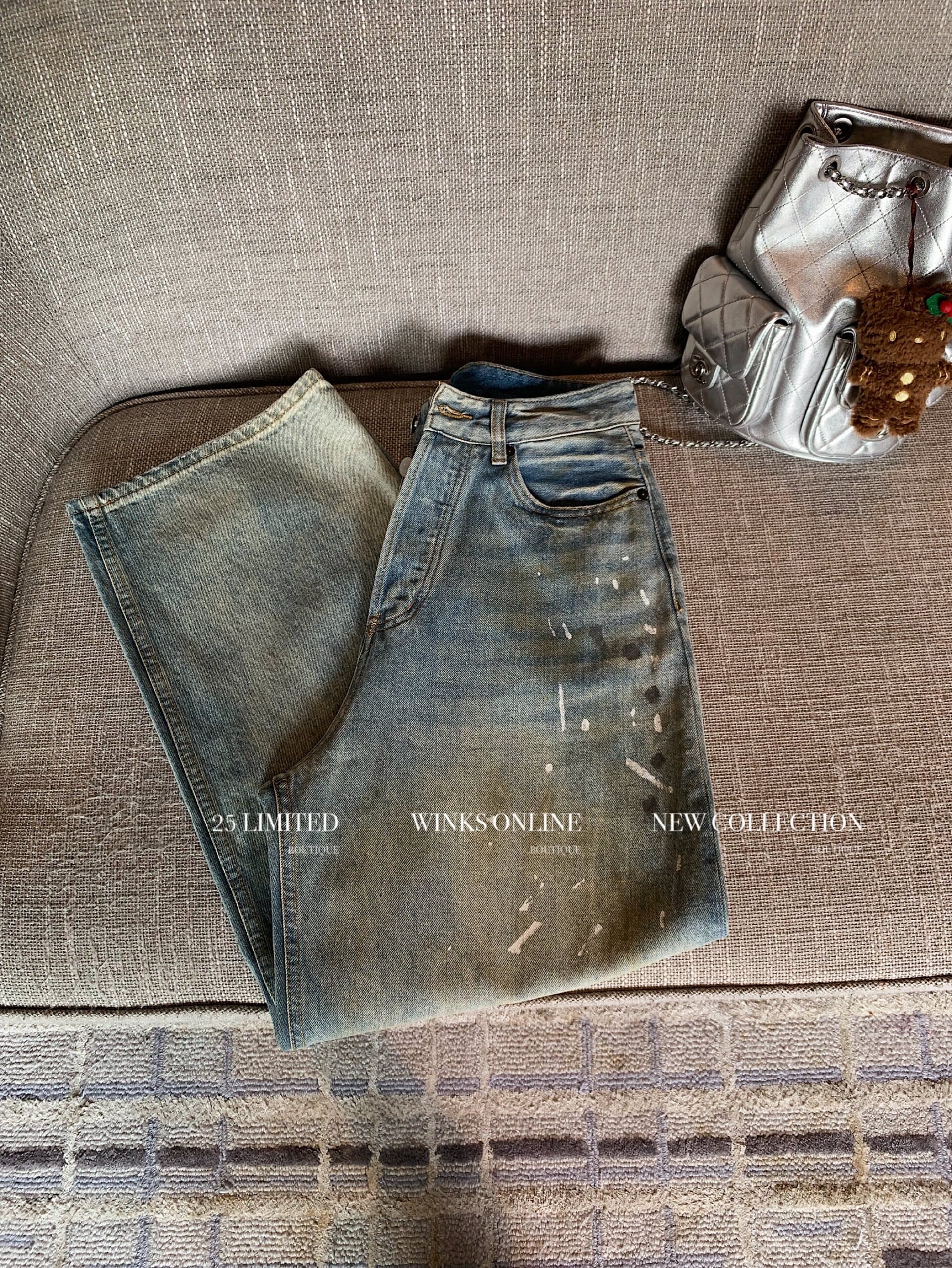 종류 훌륭함 레트로 튀김 색상 디자인 센스 먹물 마 오래된 넓은 다리 청바지 상세 이미지 41