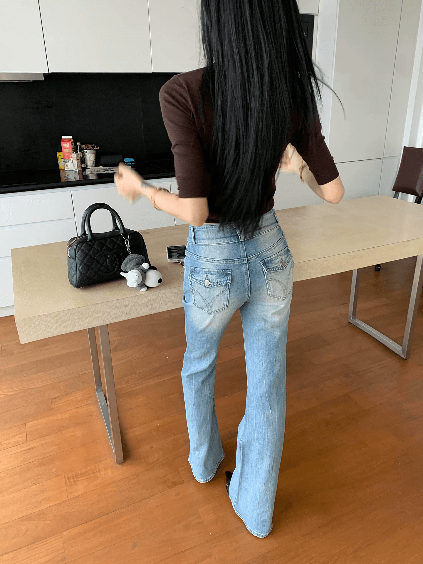 70 아니요 칠십 사설 서비스 섹션 무거운 작업 워싱 밝은색 부츠컷 청바지 여름 한 부서 바지 캐주얼 스트레이트 팬츠 이미지 3
