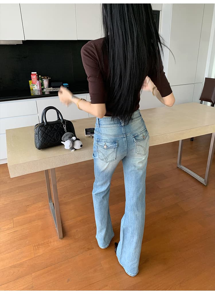 70 아니요 칠십 사설 서비스 섹션 무거운 작업 워싱 밝은색 부츠컷 청바지 여름 한 부서 바지 캐주얼 스트레이트 팬츠 상세 이미지 17