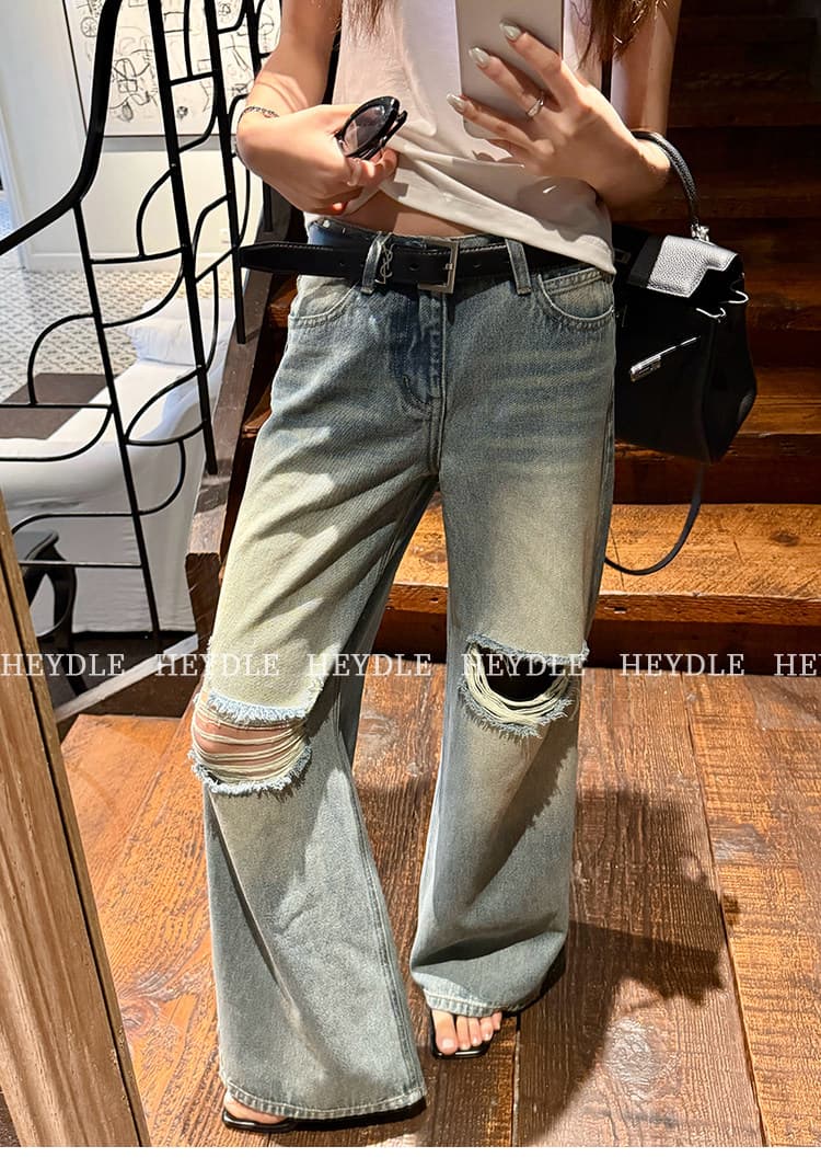 검은 콩 흠 baggy 데님 레트로 마 오래된 찢어진 부분 청바지 로우 웨이스트 루즈핏 슬림해 보이는 와이드 레그 팬츠 긴 바지 상세 이미지 30