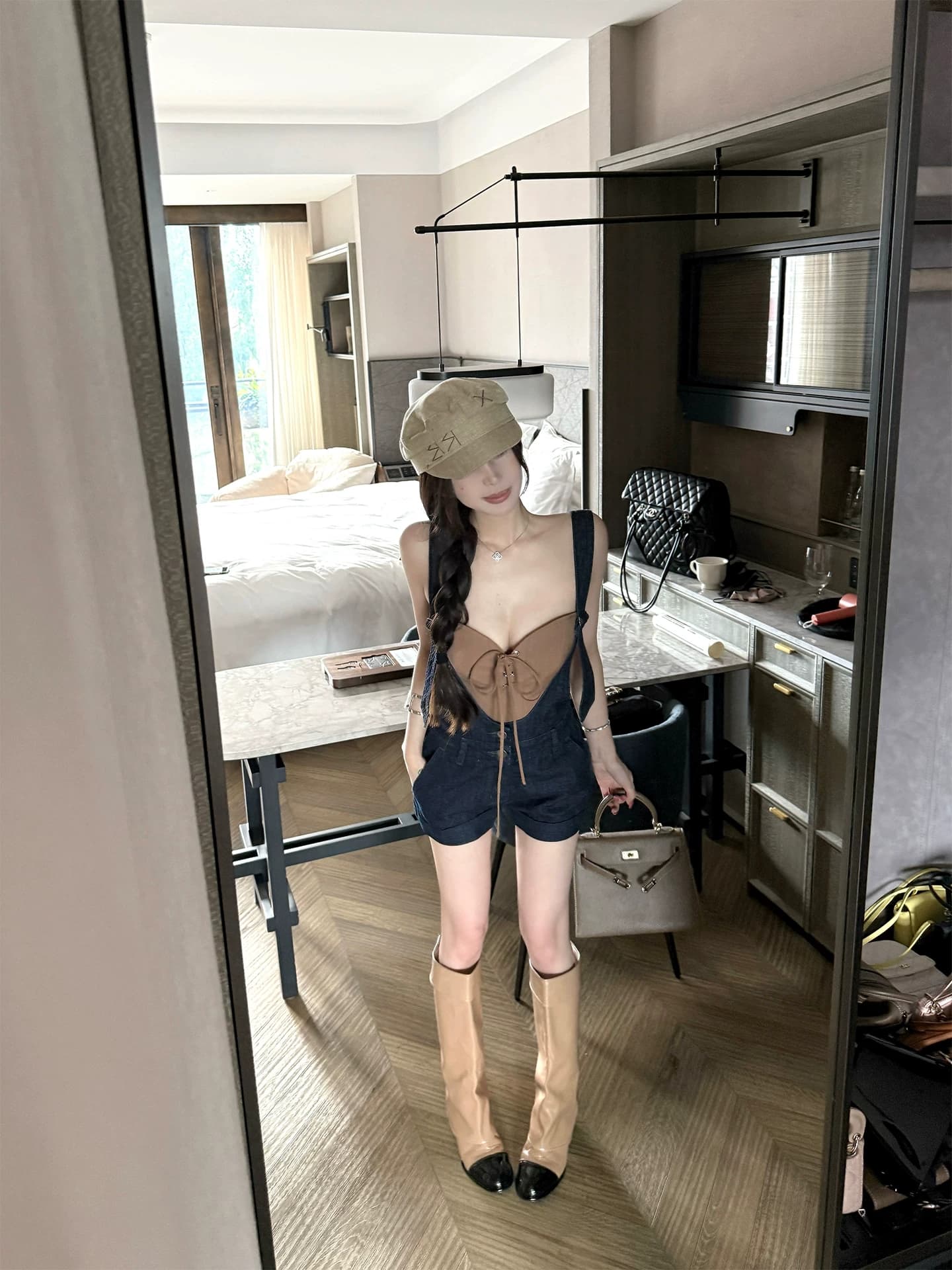 titi 작은 자매 매우 a ~ 중 멜빵 바지 레트로 워크웨어 면 센스 더블 버클 하이웨이스트 데님 멜빵 반바지 여성 상세 이미지 1