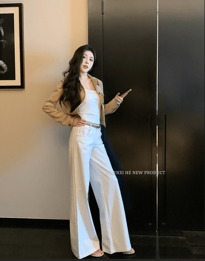 그는 아침 디자인 센스 화이트 기타 깨진 솔기 루즈핏 와이드 레그 팬츠 스트레이트 슬림해 보이는 출퇴근 부드럽게 마이크로 폭탄 캐주얼 바지 이미지 4