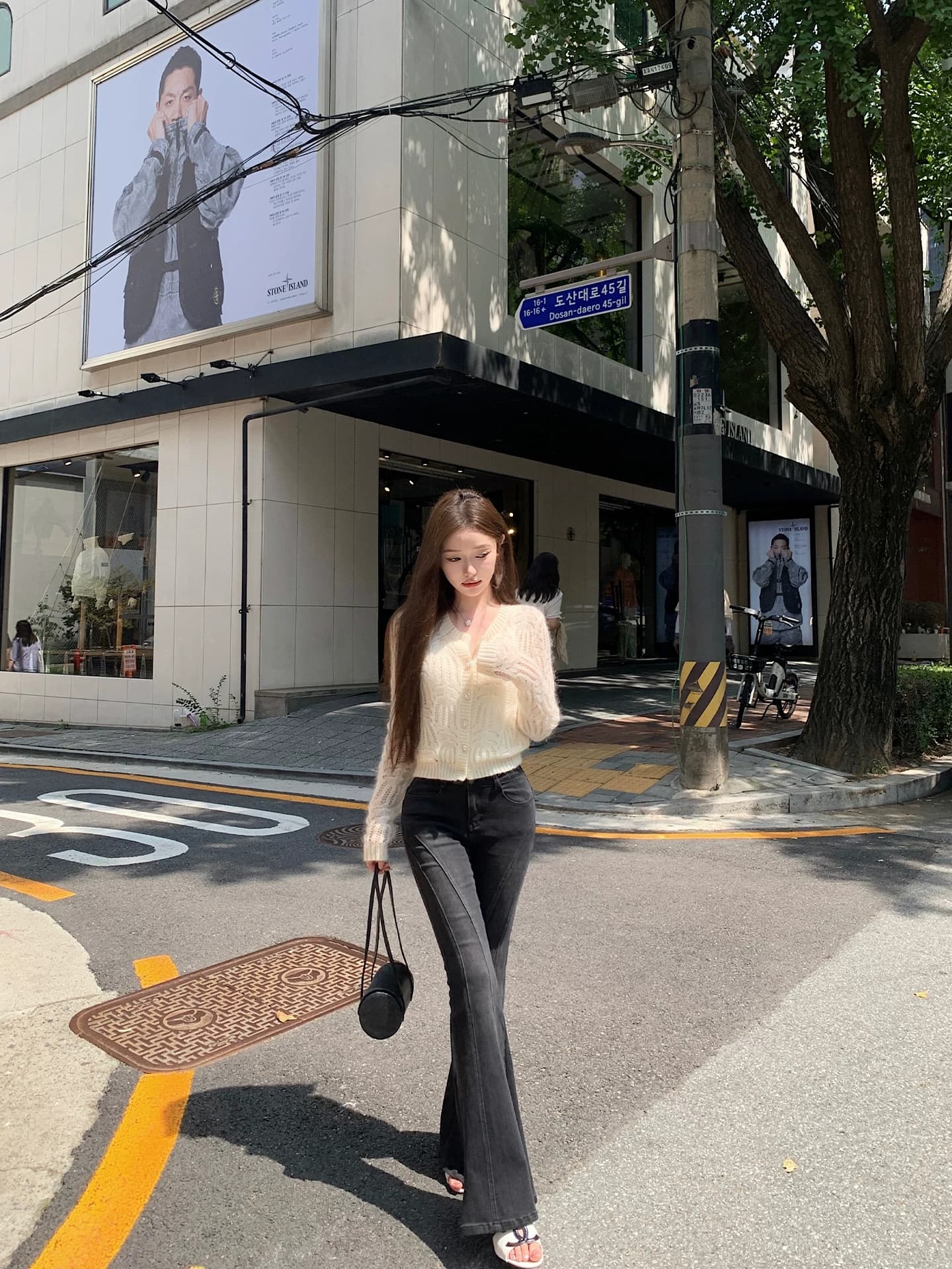 첸 좋은 난 nns 하프 한 바지 레트로 마 오래된 워싱 블랙 곡선 분할선 부츠컷 청바지 상세 이미지 1