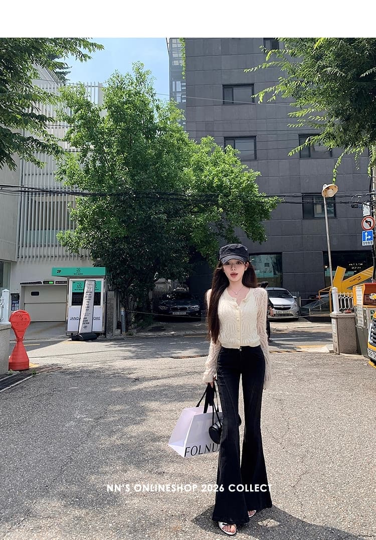 첸 좋은 난 nns 하프 한 바지 레트로 마 오래된 워싱 블랙 곡선 분할선 부츠컷 청바지 상세 이미지 36
