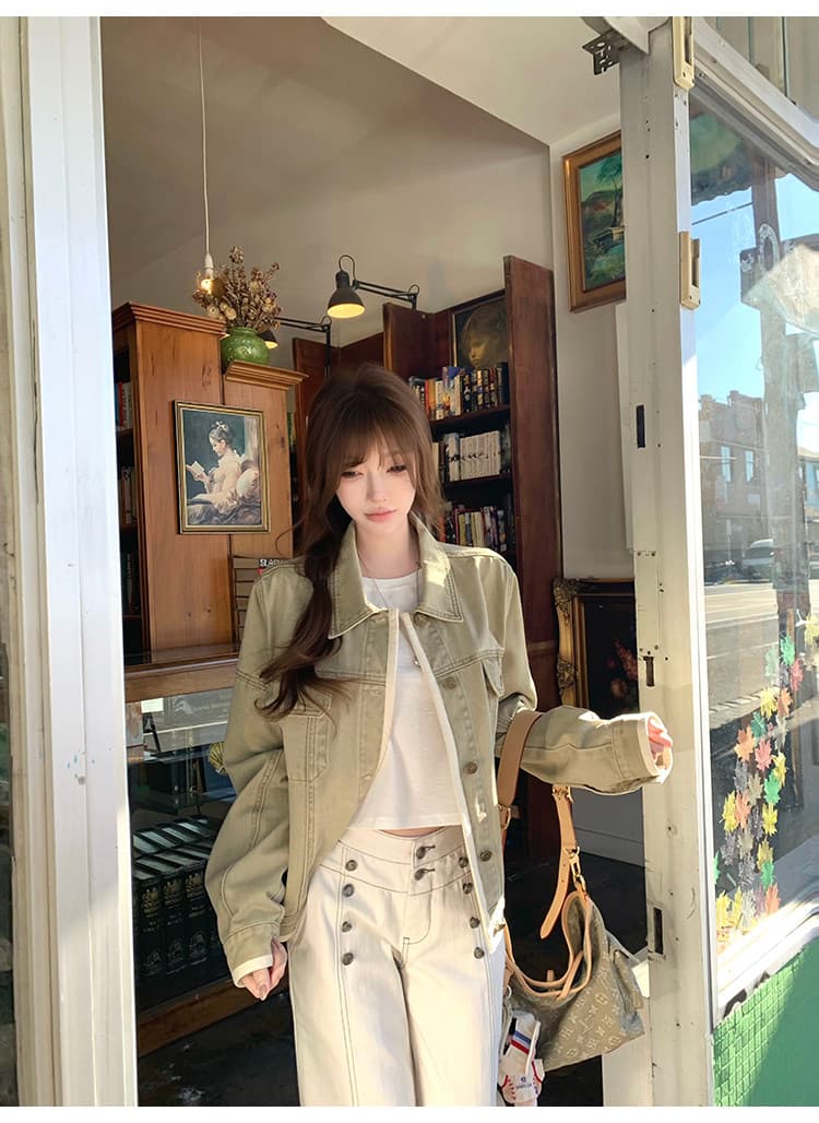 suuuicee 태어난 수퍼 모델 대칭 단추 디자인 명시적 스티치 공예 로우 웨이스트 레트로 부츠컷 데님 긴 바지 상세 이미지 10