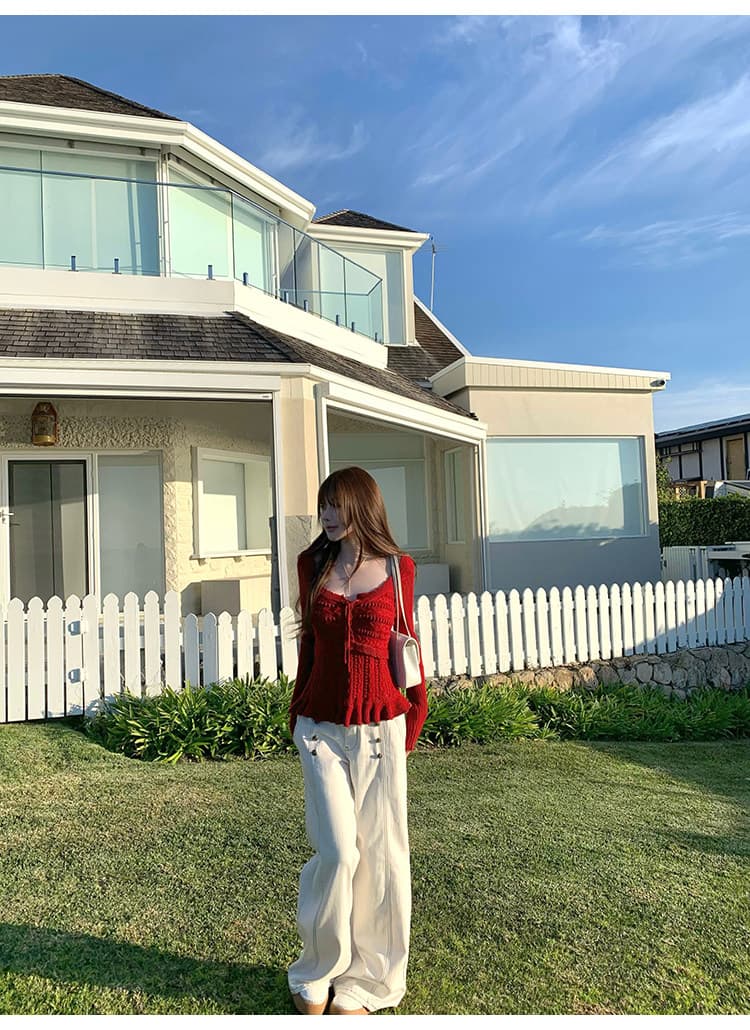 suuuicee 태어난 수퍼 모델 대칭 단추 디자인 명시적 스티치 공예 로우 웨이스트 레트로 부츠컷 데님 긴 바지 상세 이미지 22