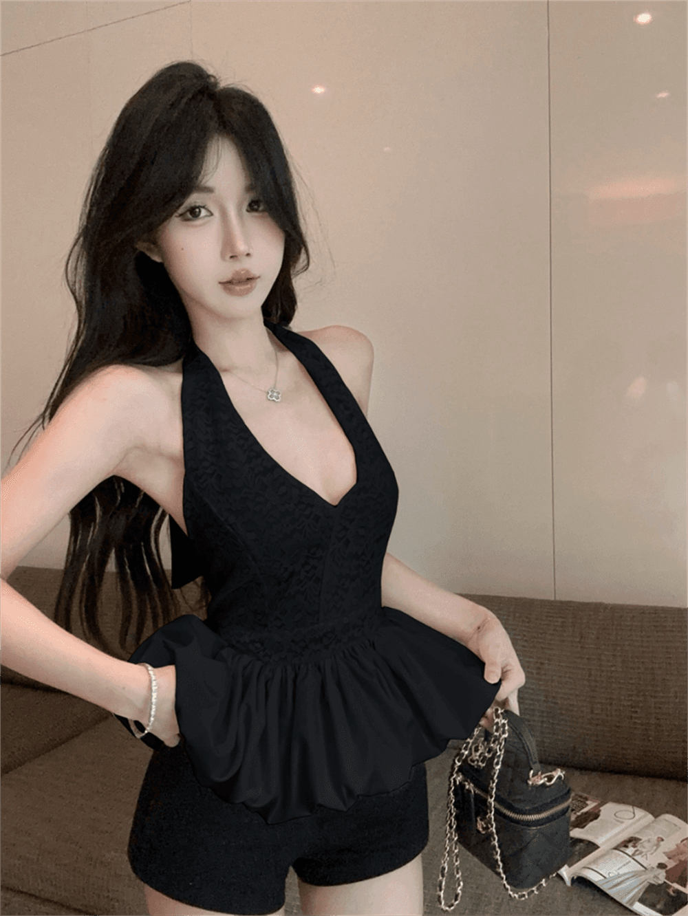 여름 순수한 욕망 바람 깊은 V 넥 패치워크 레이스 쇼트 스타일 펌프 Pleat 티셔츠 섹시함 행침 목 맨위 슈퍼 몸매 가꾸기 조끼 슬립 이미지 3