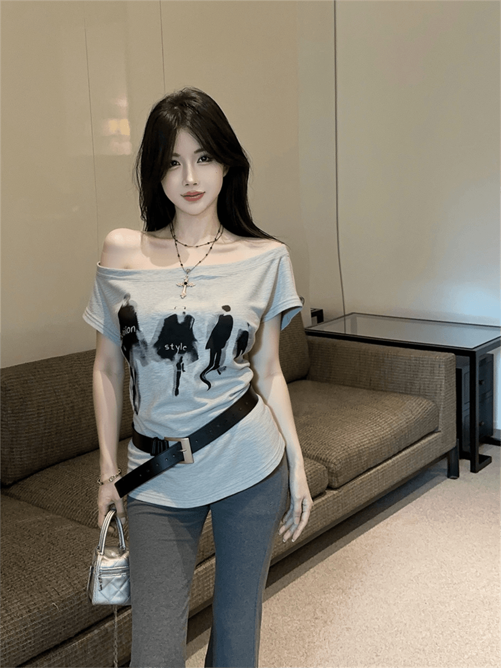 실사 여름 한국 스타일 라운드 넥 패치워크 디자인 센스 반팔 프린트 루즈핏 느긋한 바람 벨트 포함 다용도 티셔츠 트렌디 이미지 4
