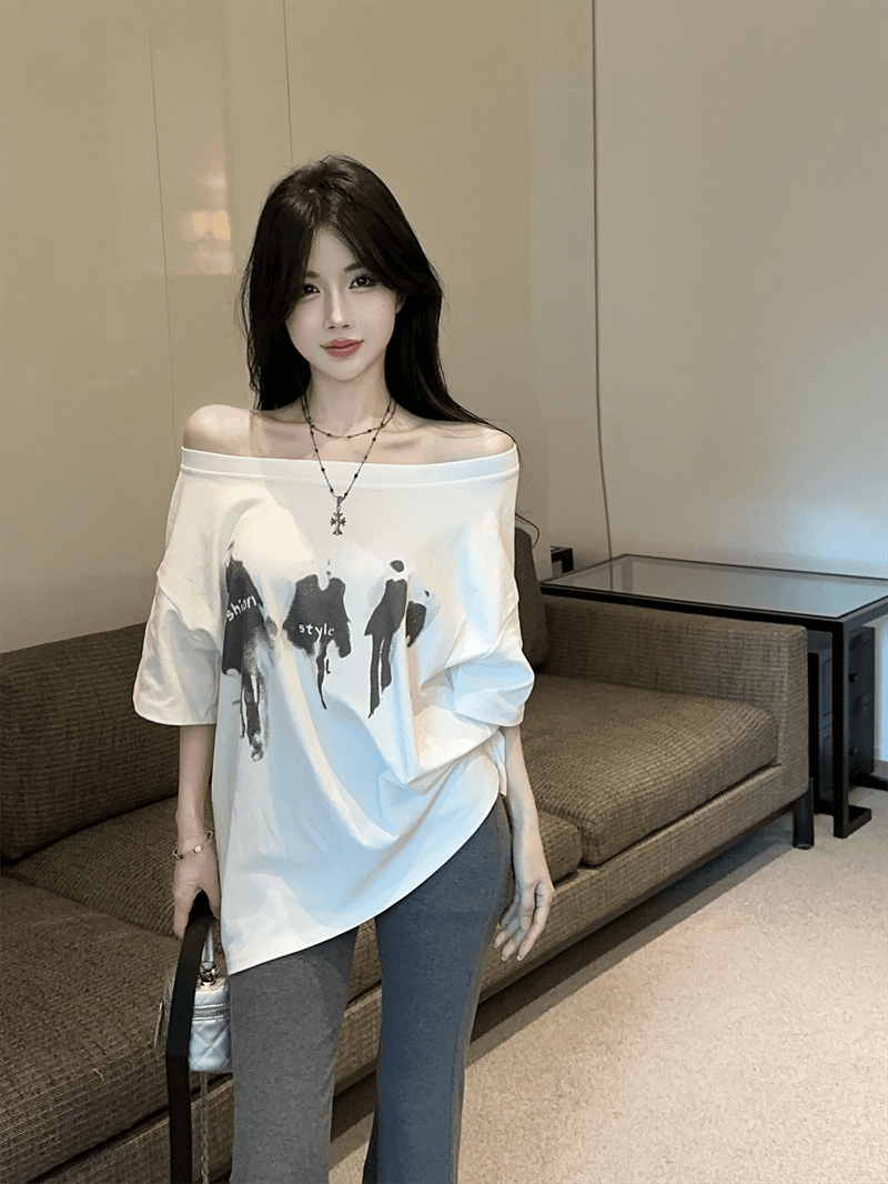 실사 여름 한국 스타일 라운드 넥 패치워크 디자인 센스 반팔 프린트 루즈핏 느긋한 바람 벨트 포함 다용도 티셔츠 트렌디 상세 이미지 2