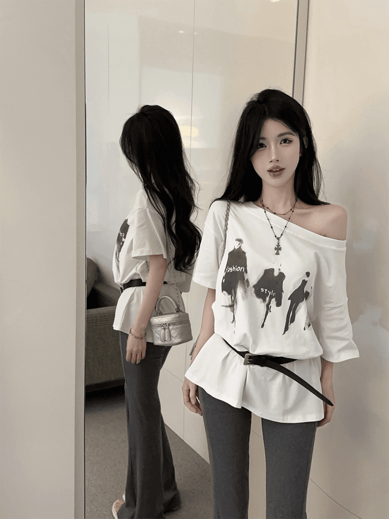 실사 여름 한국 스타일 라운드 넥 패치워크 디자인 센스 반팔 프린트 루즈핏 느긋한 바람 벨트 포함 다용도 티셔츠 트렌디 상세 이미지 4