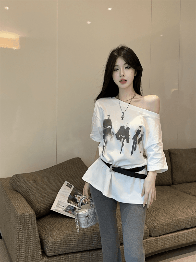 실사 여름 한국 스타일 라운드 넥 패치워크 디자인 센스 반팔 프린트 루즈핏 느긋한 바람 벨트 포함 다용도 티셔츠 트렌디 상세 이미지 5