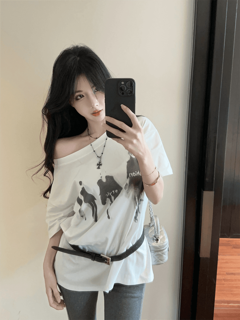 실사 여름 한국 스타일 라운드 넥 패치워크 디자인 센스 반팔 프린트 루즈핏 느긋한 바람 벨트 포함 다용도 티셔츠 트렌디 상세 이미지 9