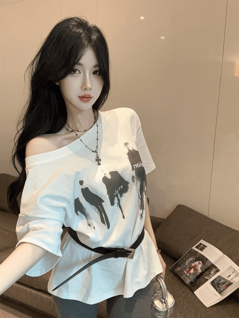 실사 여름 한국 스타일 라운드 넥 패치워크 디자인 센스 반팔 프린트 루즈핏 느긋한 바람 벨트 포함 다용도 티셔츠 트렌디 상세 이미지 11
