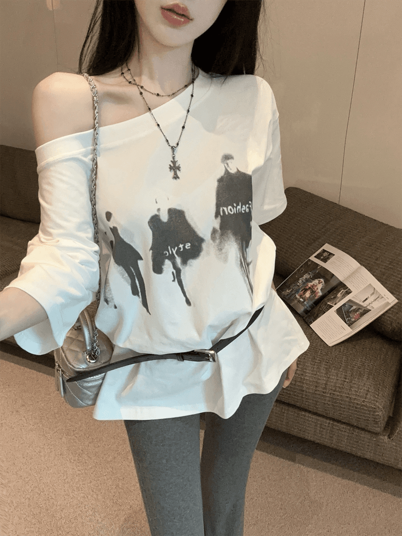 실사 여름 한국 스타일 라운드 넥 패치워크 디자인 센스 반팔 프린트 루즈핏 느긋한 바람 벨트 포함 다용도 티셔츠 트렌디 상세 이미지 12