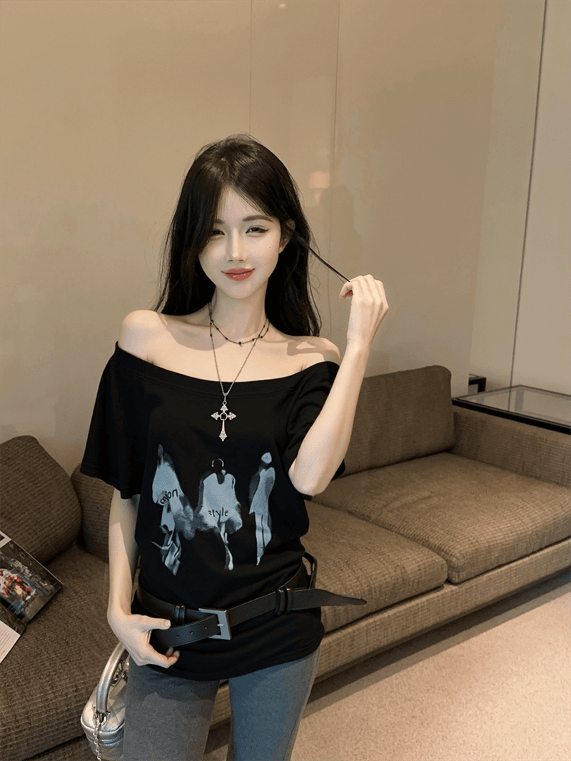 실사 여름 한국 스타일 라운드 넥 패치워크 디자인 센스 반팔 프린트 루즈핏 느긋한 바람 벨트 포함 다용도 티셔츠 트렌디 상세 이미지 16