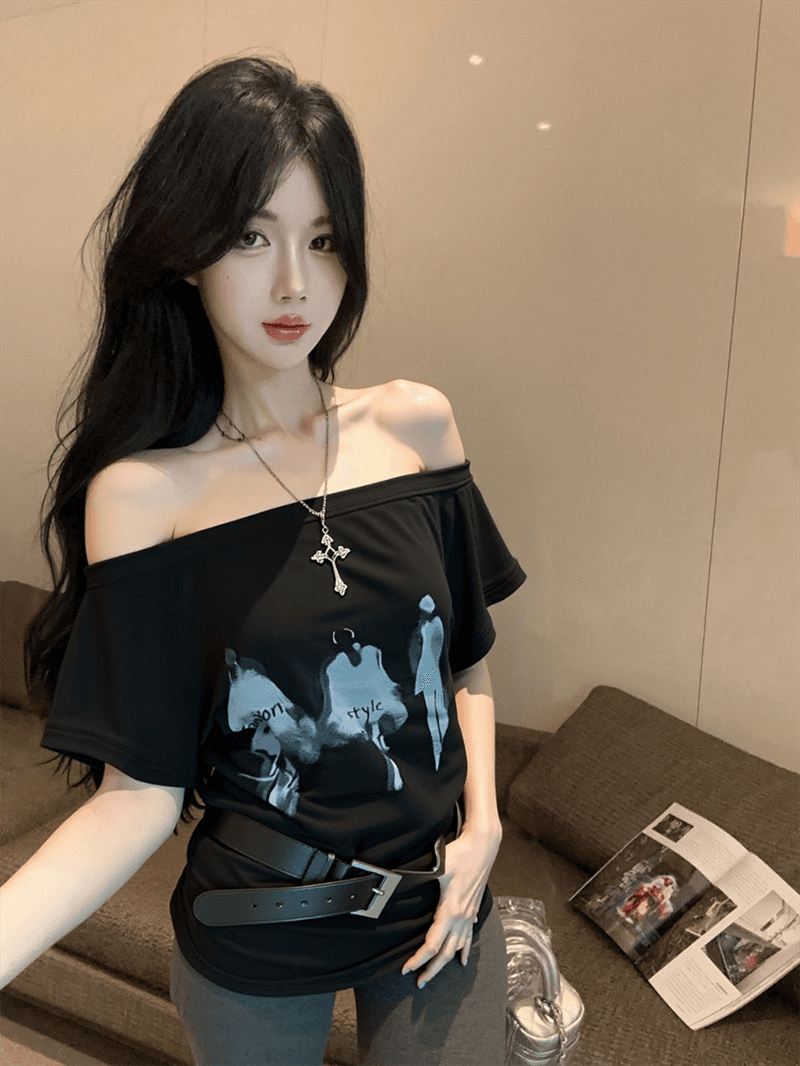 실사 여름 한국 스타일 라운드 넥 패치워크 디자인 센스 반팔 프린트 루즈핏 느긋한 바람 벨트 포함 다용도 티셔츠 트렌디 상세 이미지 18