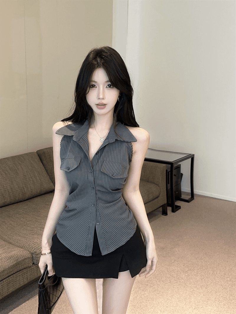 여름 디자인 센스 이슬 허리 POLO 칼라 패치워크 스트라이프 싱글 줄 버튼 쇼트 스타일 레이스업 나비 매듭 몸매 가꾸기 쉬폰 블라우스 상세 이미지 12