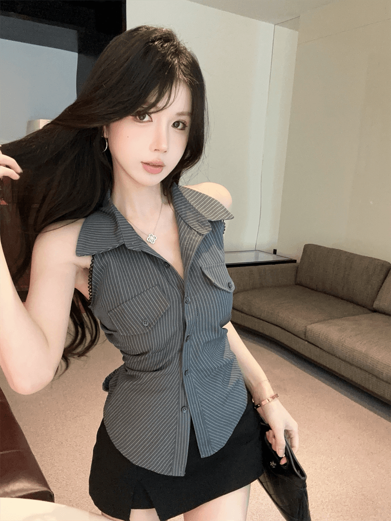 여름 디자인 센스 이슬 허리 POLO 칼라 패치워크 스트라이프 싱글 줄 버튼 쇼트 스타일 레이스업 나비 매듭 몸매 가꾸기 쉬폰 블라우스 상세 이미지 14