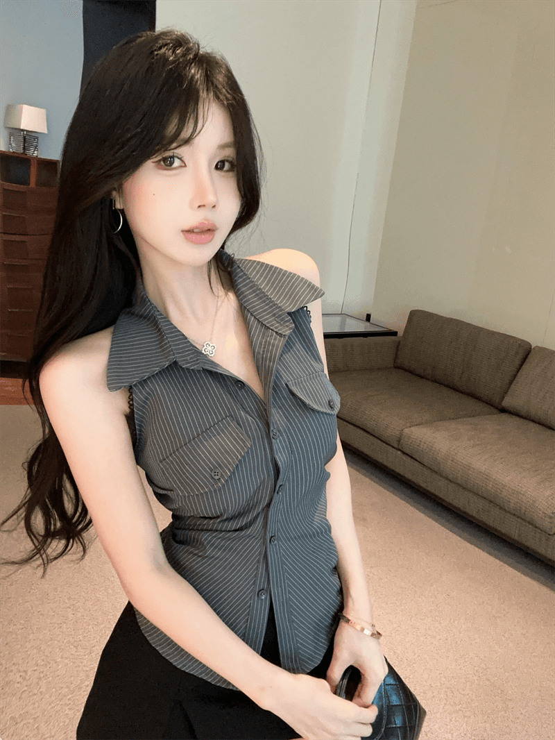 여름 디자인 센스 이슬 허리 POLO 칼라 패치워크 스트라이프 싱글 줄 버튼 쇼트 스타일 레이스업 나비 매듭 몸매 가꾸기 쉬폰 블라우스 상세 이미지 15