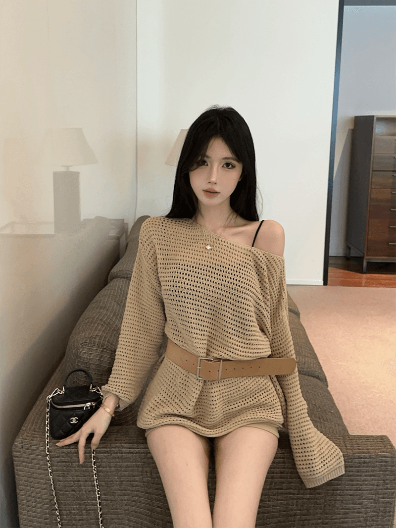 실사 봄 가을 긴팔 느긋한 바람 낮음 라운드 넥 니트 미니 스커트 품격 루즈핏 종류 풀오버 미니멀리즘 홀로우 아웃 스웨터 상세 이미지 12