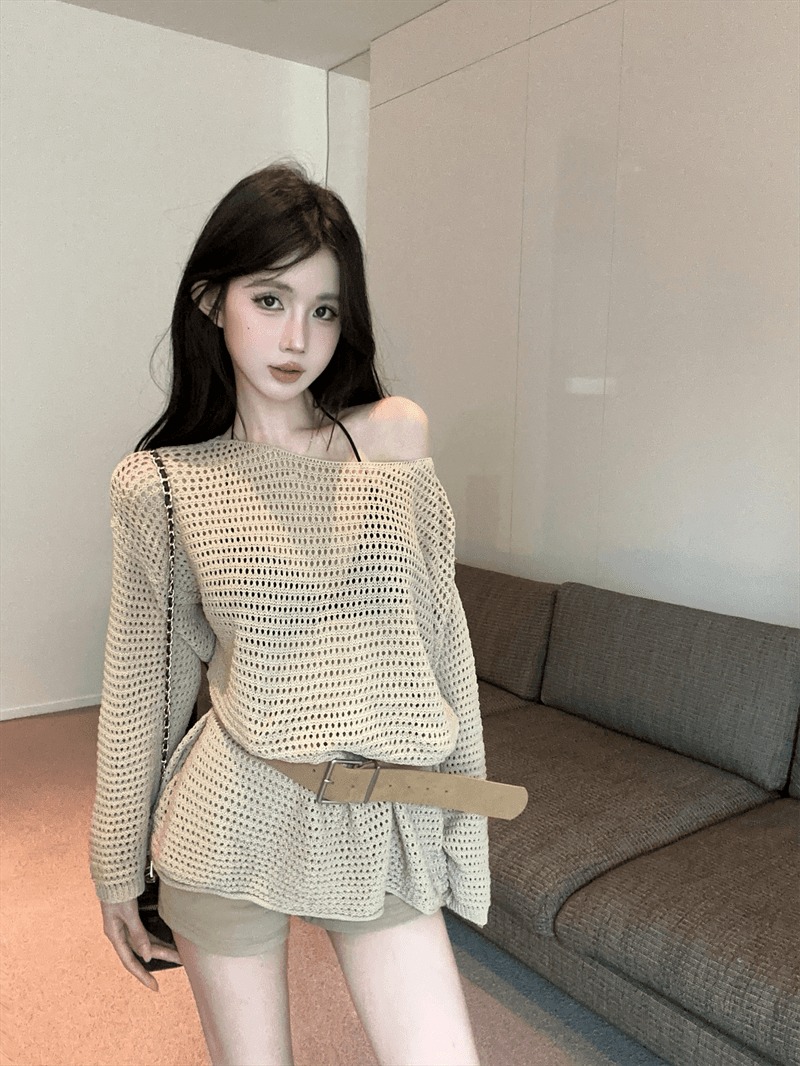 실사 봄 가을 긴팔 느긋한 바람 낮음 라운드 넥 니트 미니 스커트 품격 루즈핏 종류 풀오버 미니멀리즘 홀로우 아웃 스웨터 상세 이미지 14
