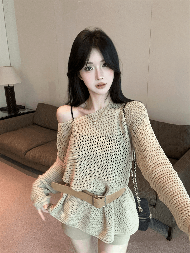 실사 봄 가을 긴팔 느긋한 바람 낮음 라운드 넥 니트 미니 스커트 품격 루즈핏 종류 풀오버 미니멀리즘 홀로우 아웃 스웨터 상세 이미지 15