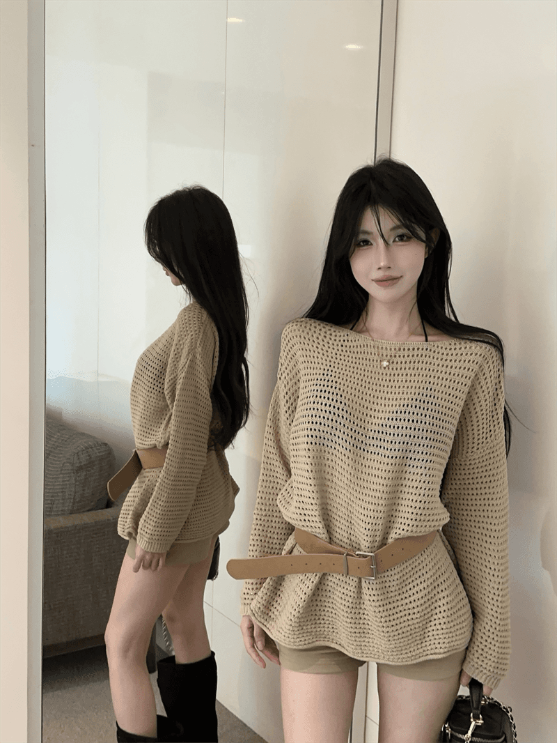 실사 봄 가을 긴팔 느긋한 바람 낮음 라운드 넥 니트 미니 스커트 품격 루즈핏 종류 풀오버 미니멀리즘 홀로우 아웃 스웨터 상세 이미지 16