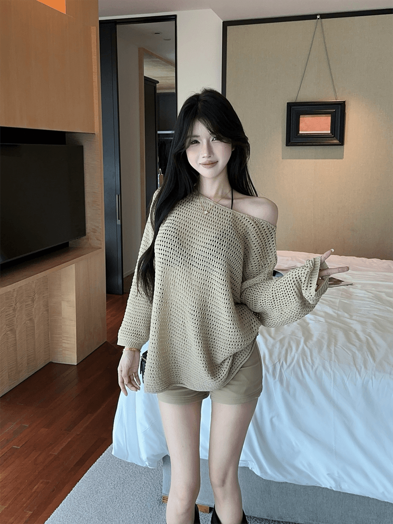 실사 봄 가을 긴팔 느긋한 바람 낮음 라운드 넥 니트 미니 스커트 품격 루즈핏 종류 풀오버 미니멀리즘 홀로우 아웃 스웨터 상세 이미지 20