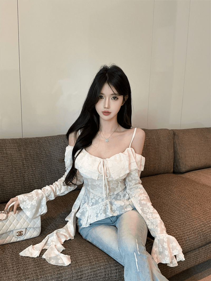 실사 여름 깊은 V 넥 패치워크 프릴 몸매 가꾸기 불규칙 오프숄더 나팔 소매 섹시함 자수 조끼 슬립 상세 이미지 5