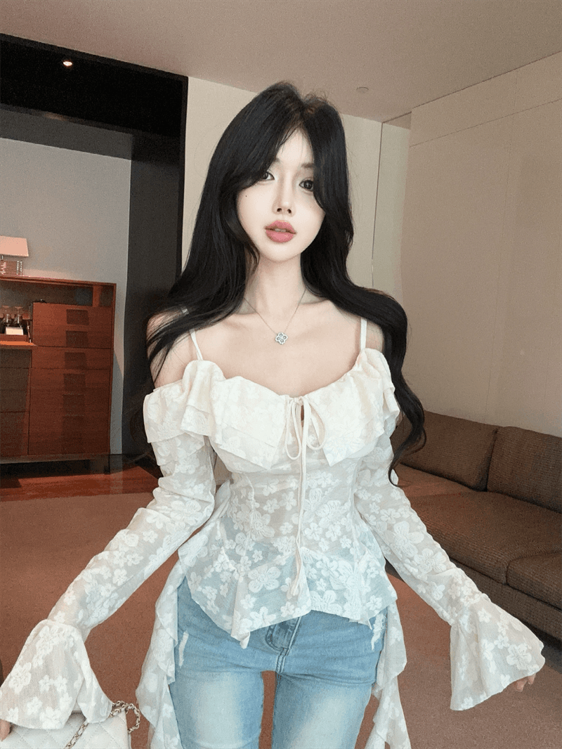 실사 여름 깊은 V 넥 패치워크 프릴 몸매 가꾸기 불규칙 오프숄더 나팔 소매 섹시함 자수 조끼 슬립 상세 이미지 7