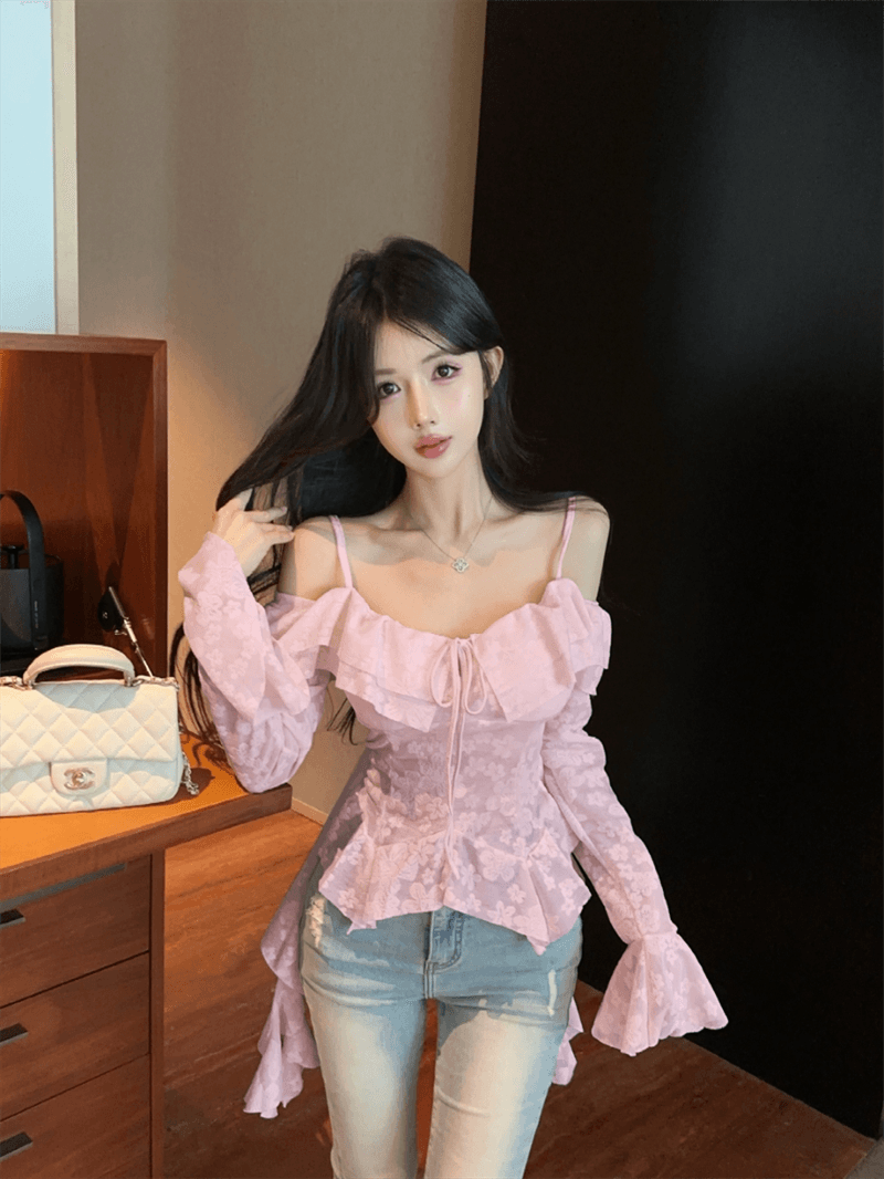 실사 여름 깊은 V 넥 패치워크 프릴 몸매 가꾸기 불규칙 오프숄더 나팔 소매 섹시함 자수 조끼 슬립 상세 이미지 12