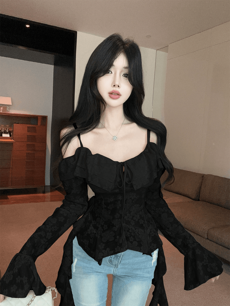 실사 여름 깊은 V 넥 패치워크 프릴 몸매 가꾸기 불규칙 오프숄더 나팔 소매 섹시함 자수 조끼 슬립 상세 이미지 13