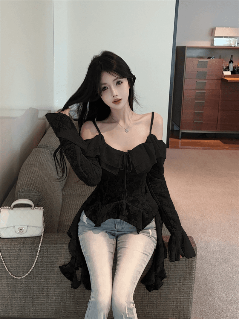 실사 여름 깊은 V 넥 패치워크 프릴 몸매 가꾸기 불규칙 오프숄더 나팔 소매 섹시함 자수 조끼 슬립 상세 이미지 14