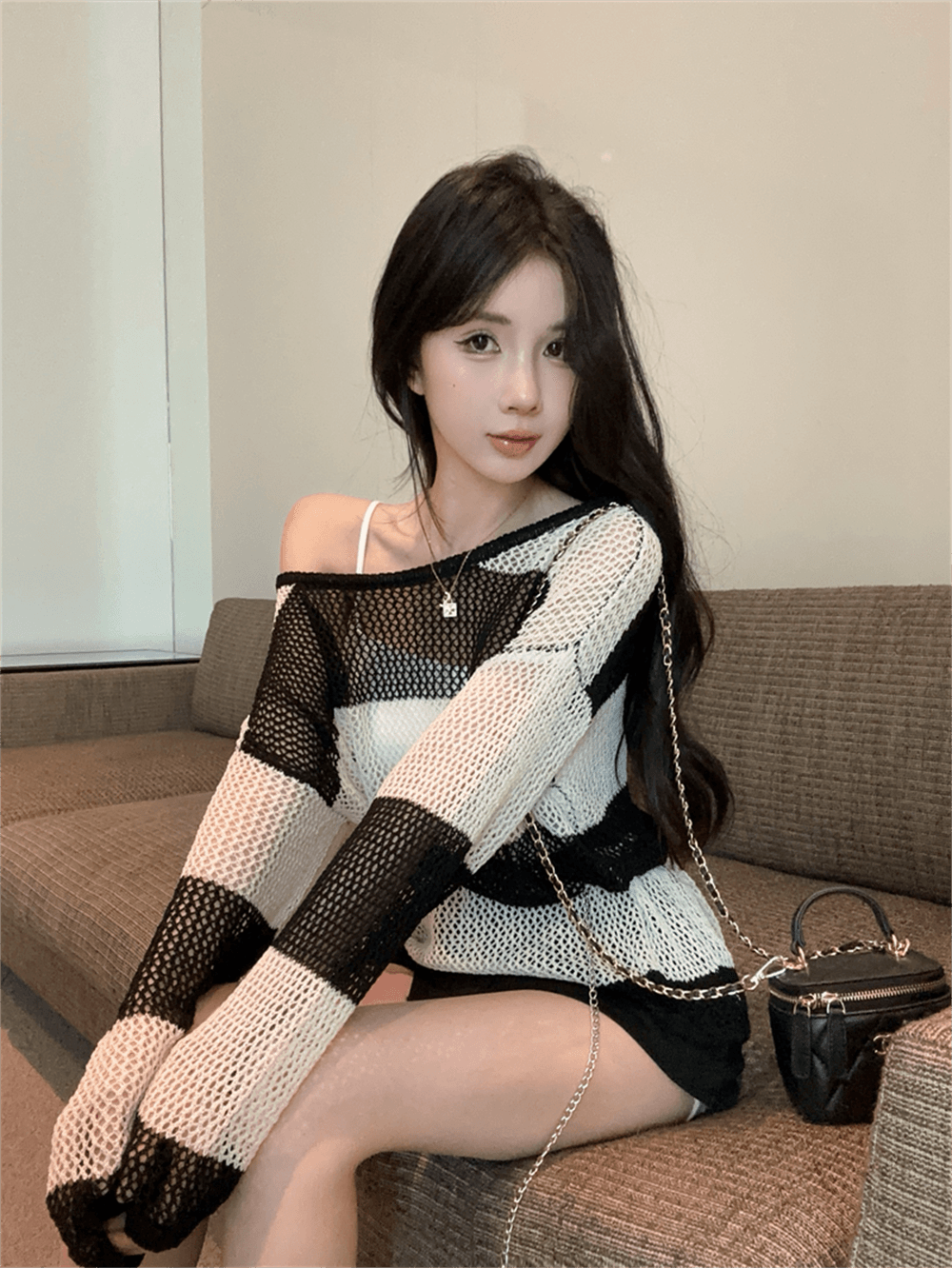 실사 느긋한 바람 라운드 넥 긴팔 스트라이프 니트 스웨터 품격 백리스 디자인 센스 홀로우 아웃 벨트 포함 이미지 4