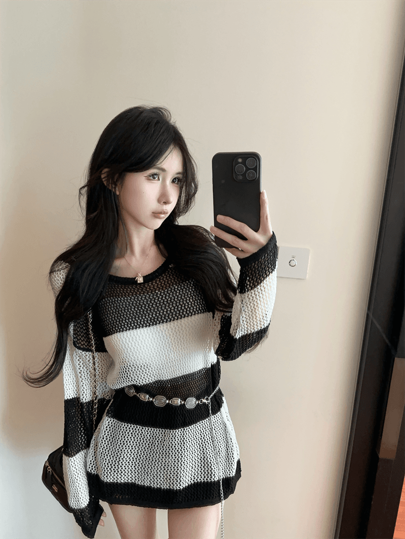 실사 느긋한 바람 라운드 넥 긴팔 스트라이프 니트 스웨터 품격 백리스 디자인 센스 홀로우 아웃 벨트 포함 상세 이미지 6