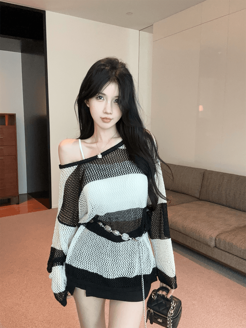 실사 느긋한 바람 라운드 넥 긴팔 스트라이프 니트 스웨터 품격 백리스 디자인 센스 홀로우 아웃 벨트 포함 상세 이미지 7