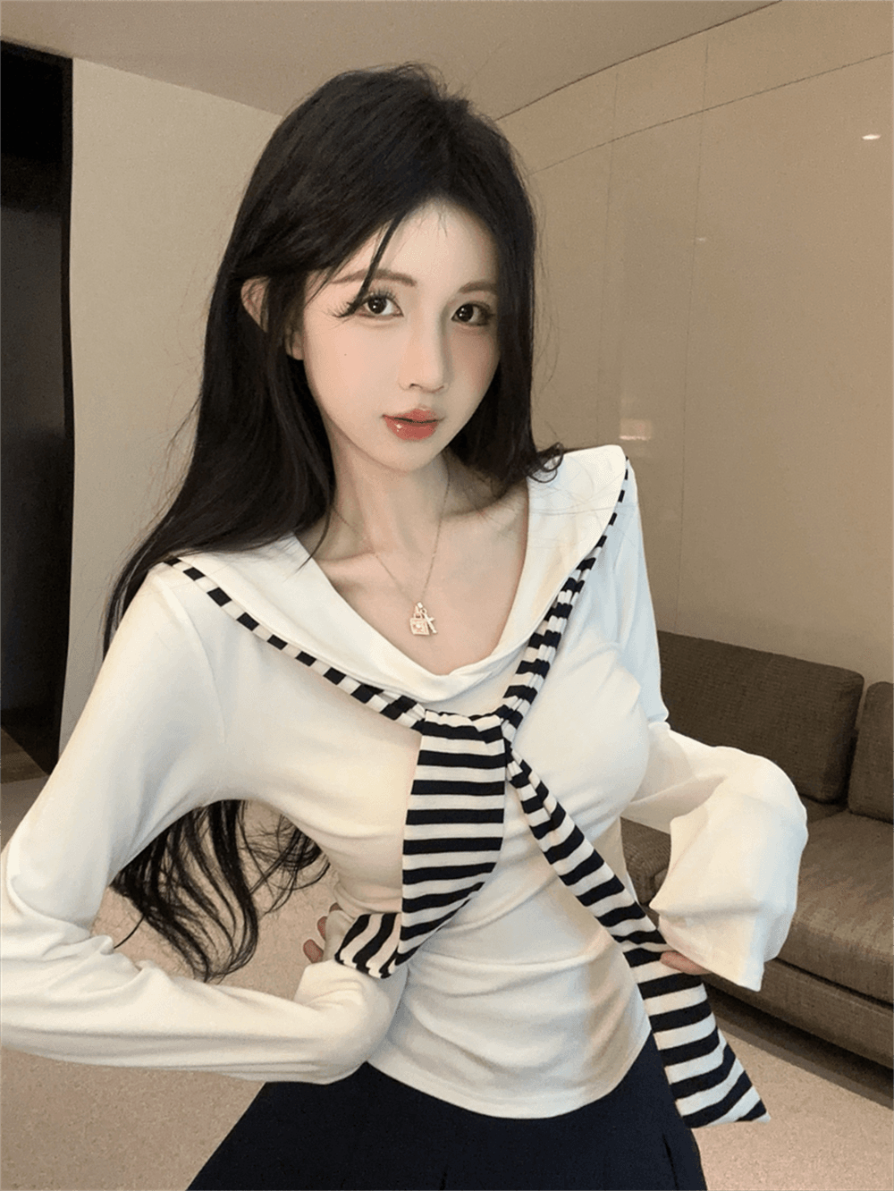 실사 봄 가을 해군 칼라 경기 넥타이 품격 몸매 가꾸기 티셔츠 학원 스타일 핫걸 투피스 세트
