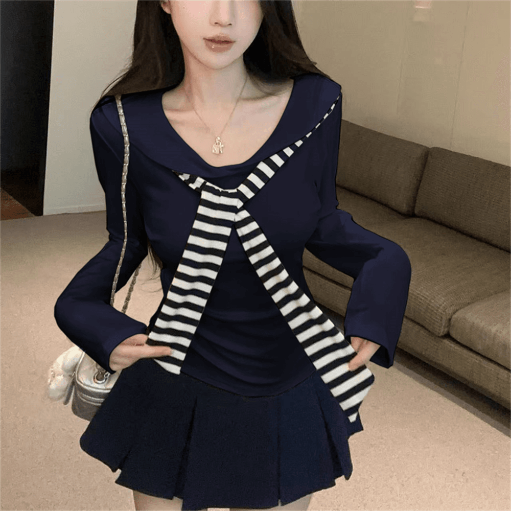 실사 봄 가을 해군 칼라 경기 넥타이 품격 몸매 가꾸기 티셔츠 학원 스타일 핫걸 투피스 세트 이미지 5