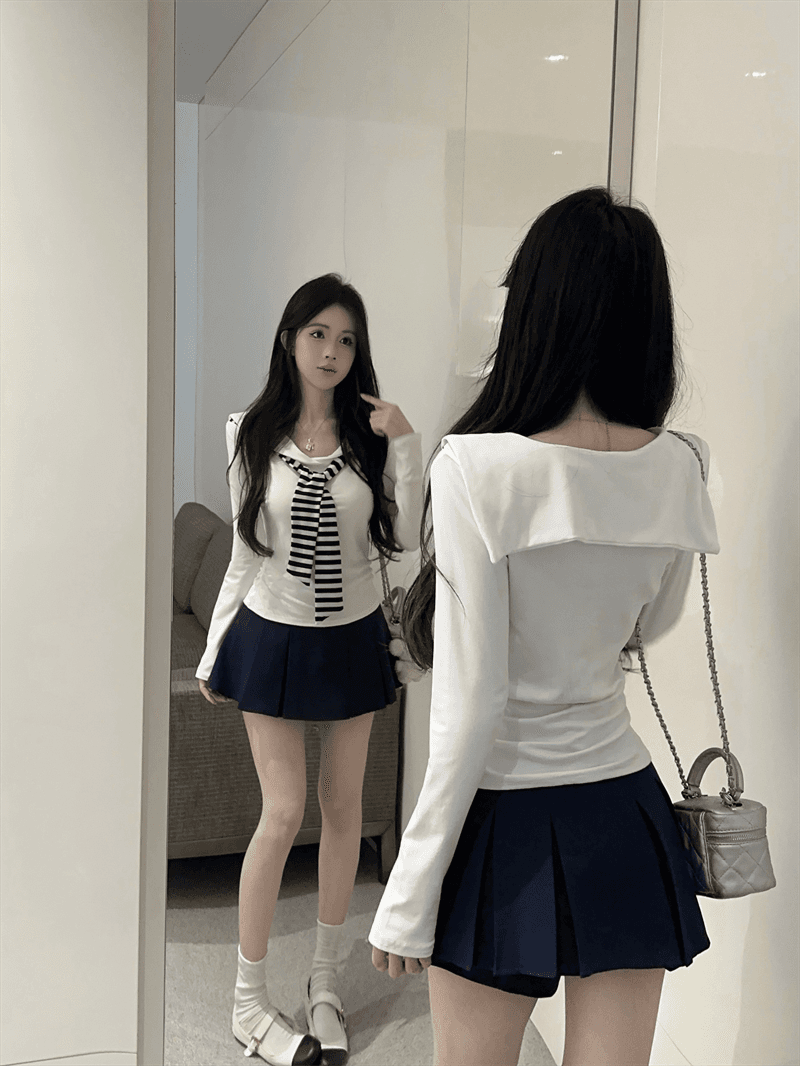 실사 봄 가을 해군 칼라 경기 넥타이 품격 몸매 가꾸기 티셔츠 학원 스타일 핫걸 투피스 세트 상세 이미지 11