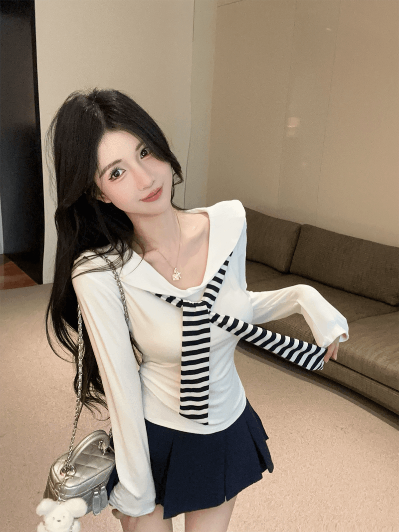 실사 봄 가을 해군 칼라 경기 넥타이 품격 몸매 가꾸기 티셔츠 학원 스타일 핫걸 투피스 세트 상세 이미지 12