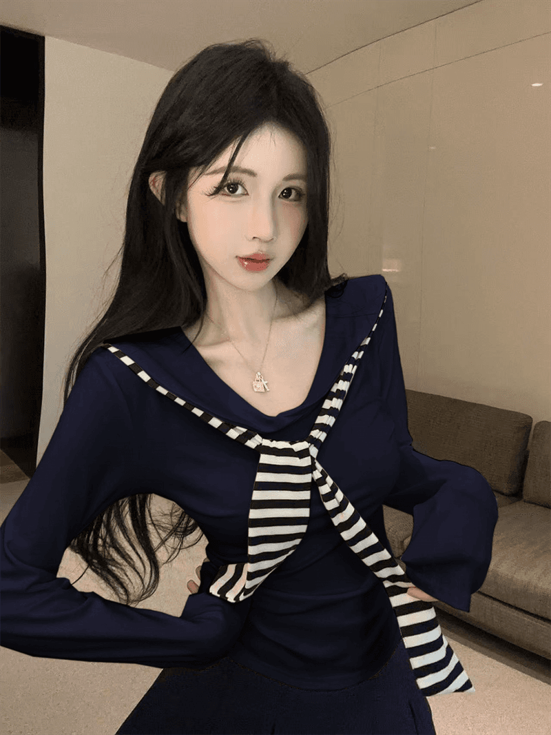 실사 봄 가을 해군 칼라 경기 넥타이 품격 몸매 가꾸기 티셔츠 학원 스타일 핫걸 투피스 세트 상세 이미지 13