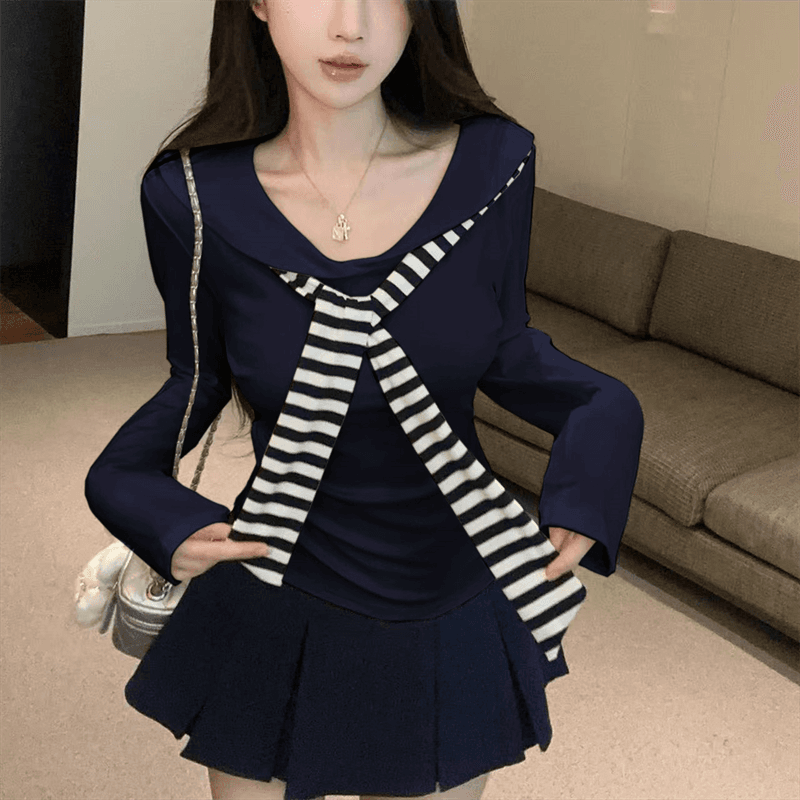 실사 봄 가을 해군 칼라 경기 넥타이 품격 몸매 가꾸기 티셔츠 학원 스타일 핫걸 투피스 세트 상세 이미지 15