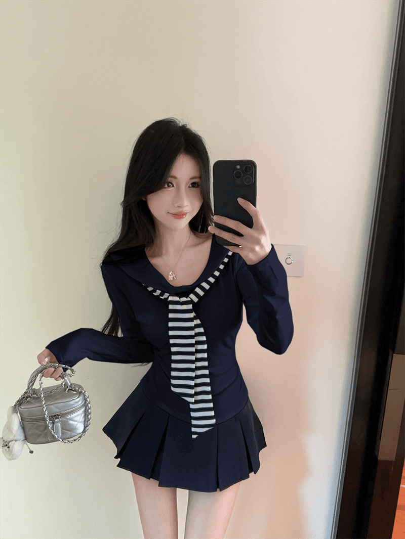 실사 봄 가을 해군 칼라 경기 넥타이 품격 몸매 가꾸기 티셔츠 학원 스타일 핫걸 투피스 세트 상세 이미지 16