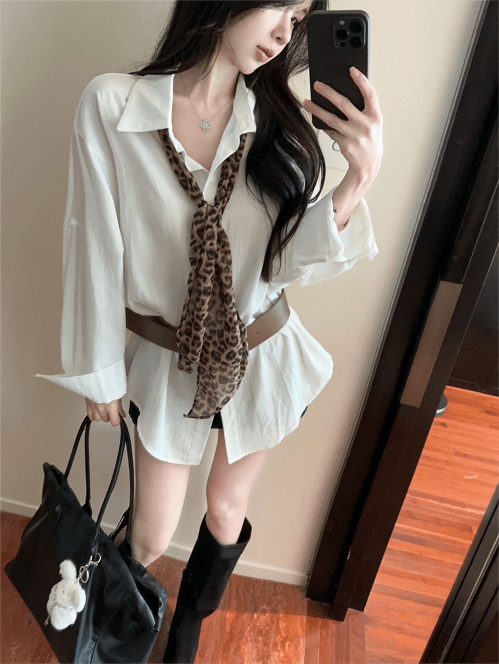 실사 프랑스식 순수한 욕망 바람 POLO 칼라 긴팔 미니 스커트 불규칙 루즈핏 슬림해 보이는 핫걸 품격 벨트 포함 셔츠 이미지 2