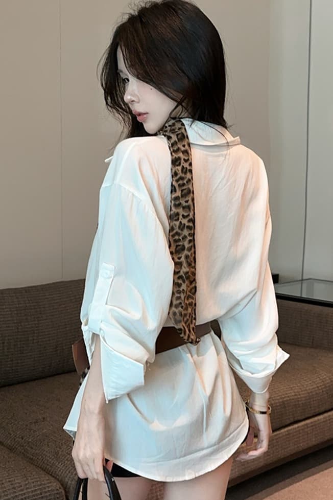 실사 프랑스식 순수한 욕망 바람 POLO 칼라 긴팔 미니 스커트 불규칙 루즈핏 슬림해 보이는 핫걸 품격 벨트 포함 셔츠 이미지 6