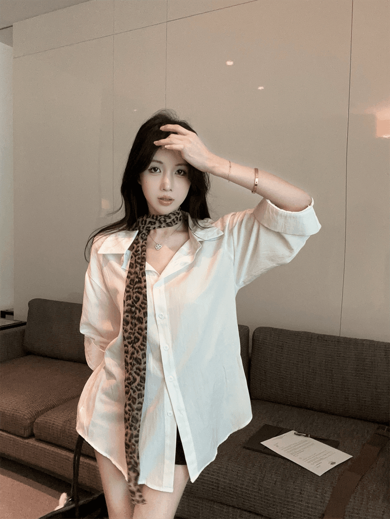 실사 프랑스식 순수한 욕망 바람 POLO 칼라 긴팔 미니 스커트 불규칙 루즈핏 슬림해 보이는 핫걸 품격 벨트 포함 셔츠 상세 이미지 1