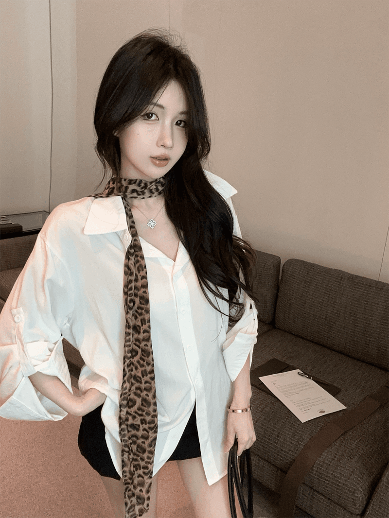 실사 프랑스식 순수한 욕망 바람 POLO 칼라 긴팔 미니 스커트 불규칙 루즈핏 슬림해 보이는 핫걸 품격 벨트 포함 셔츠 상세 이미지 2