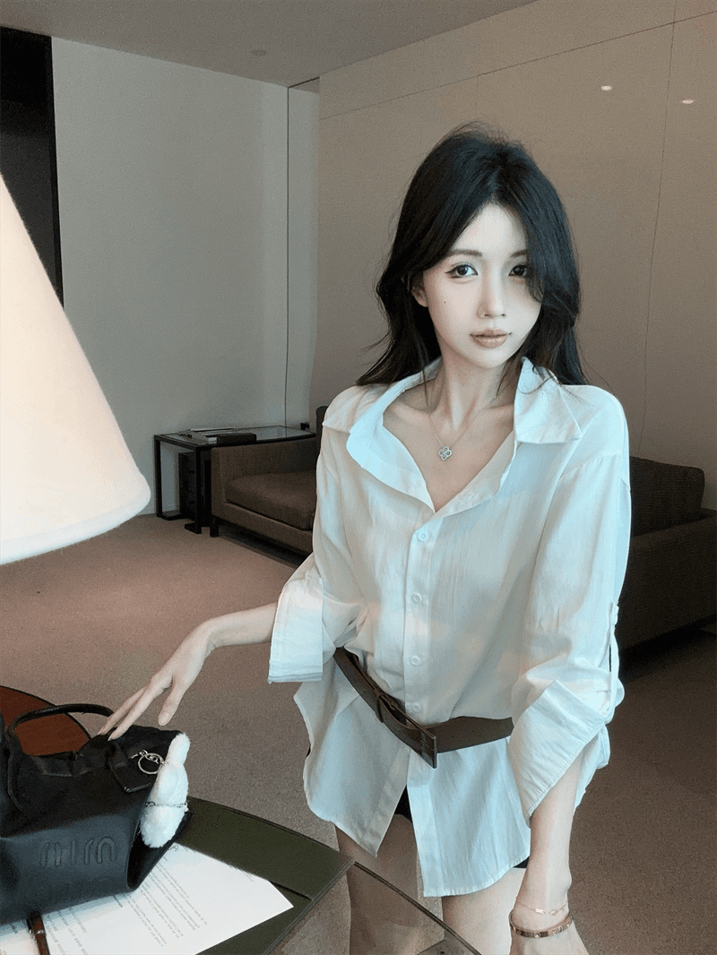 실사 프랑스식 순수한 욕망 바람 POLO 칼라 긴팔 미니 스커트 불규칙 루즈핏 슬림해 보이는 핫걸 품격 벨트 포함 셔츠 상세 이미지 3