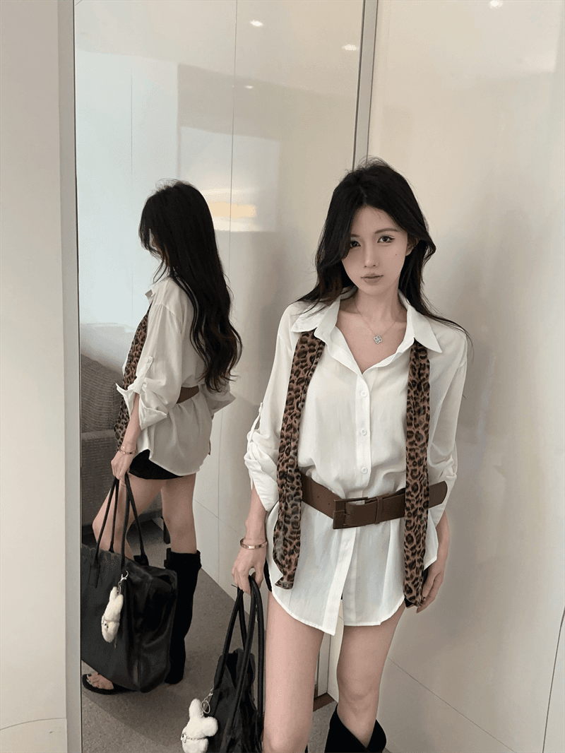 실사 프랑스식 순수한 욕망 바람 POLO 칼라 긴팔 미니 스커트 불규칙 루즈핏 슬림해 보이는 핫걸 품격 벨트 포함 셔츠 상세 이미지 4