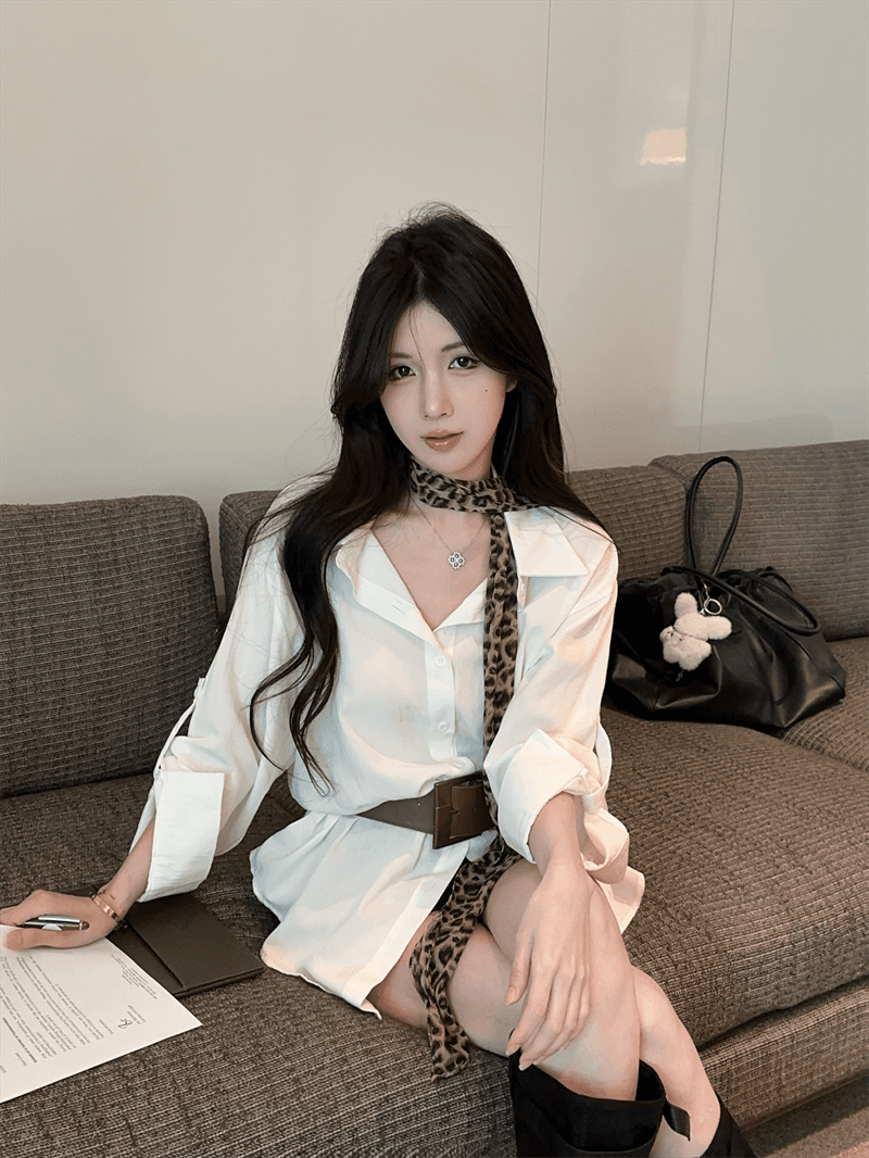 실사 프랑스식 순수한 욕망 바람 POLO 칼라 긴팔 미니 스커트 불규칙 루즈핏 슬림해 보이는 핫걸 품격 벨트 포함 셔츠 상세 이미지 5